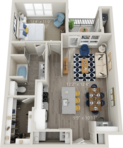A9 - Luxury one bedroom apartment with living room kitchen with island laundry room bathroom with bathtub walk in closet and patio with storage